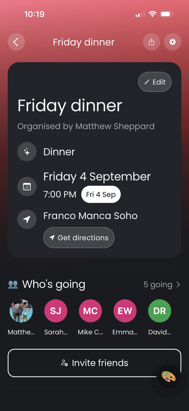 The decided Qoowe plan page — who's going, one-tap directions and add to calendar
